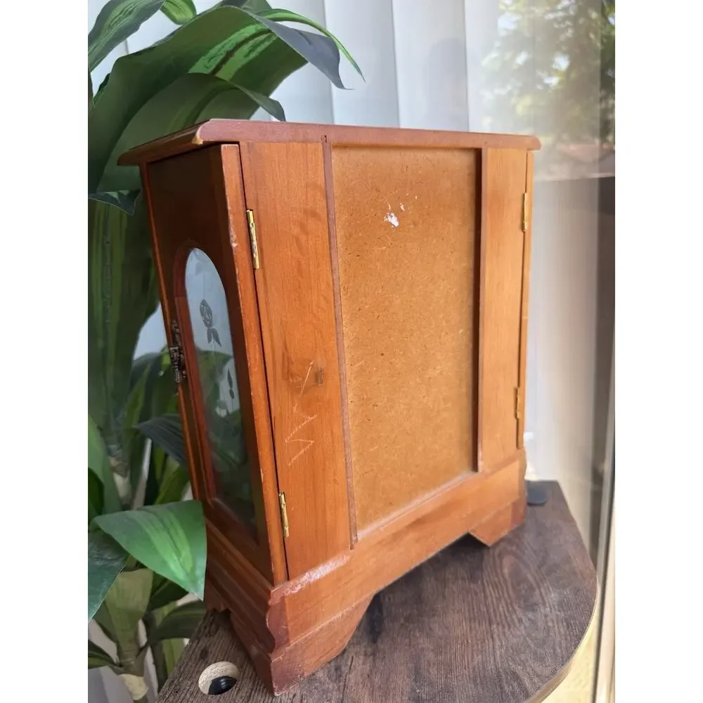 Large Vintage Solid Wood Etched Glass Armoire Style Jewelry Box